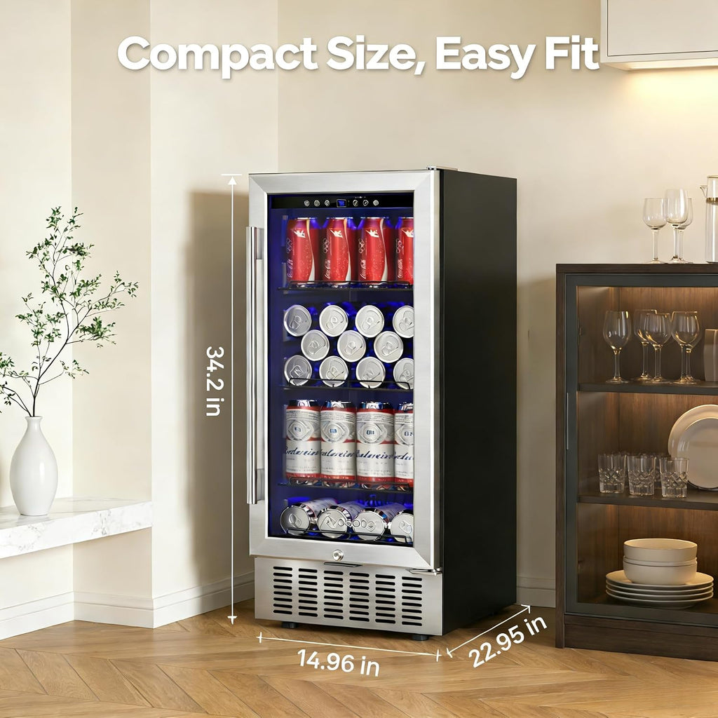 Beverage Cooler 15 Inch Hold 120 Cans,Under Counter/Freestanding Beverage Refrigerator Glass Door,Built