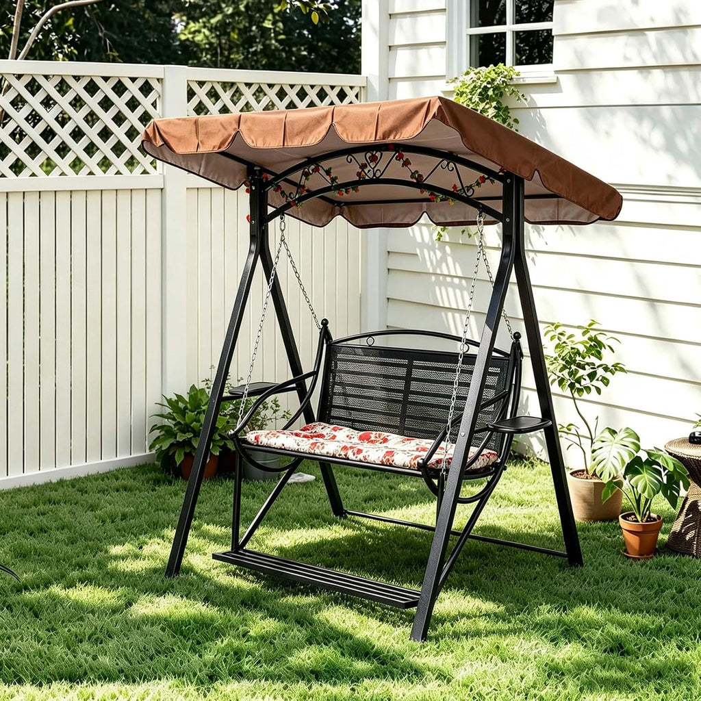 Upgraded Patio Swing with Canopy & A‐Frame Stand - Heavy Duty Outdoor Swing for Adults, Wicker Porch Swing Chair with
