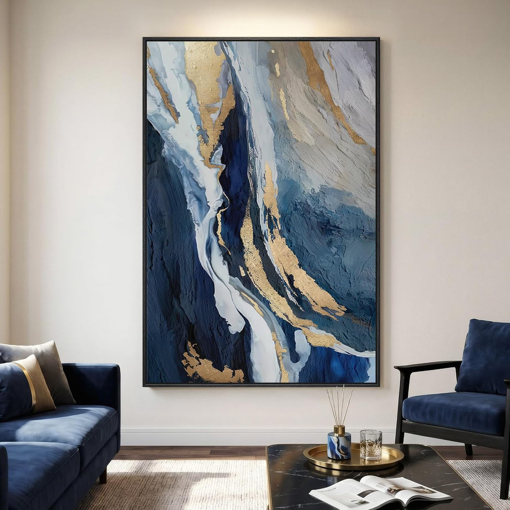 Extra Large Framed Blue Abstract Wall Art , 40x60 In Oversized Blue and Gold Modern Canvas Prints Paintings, Big