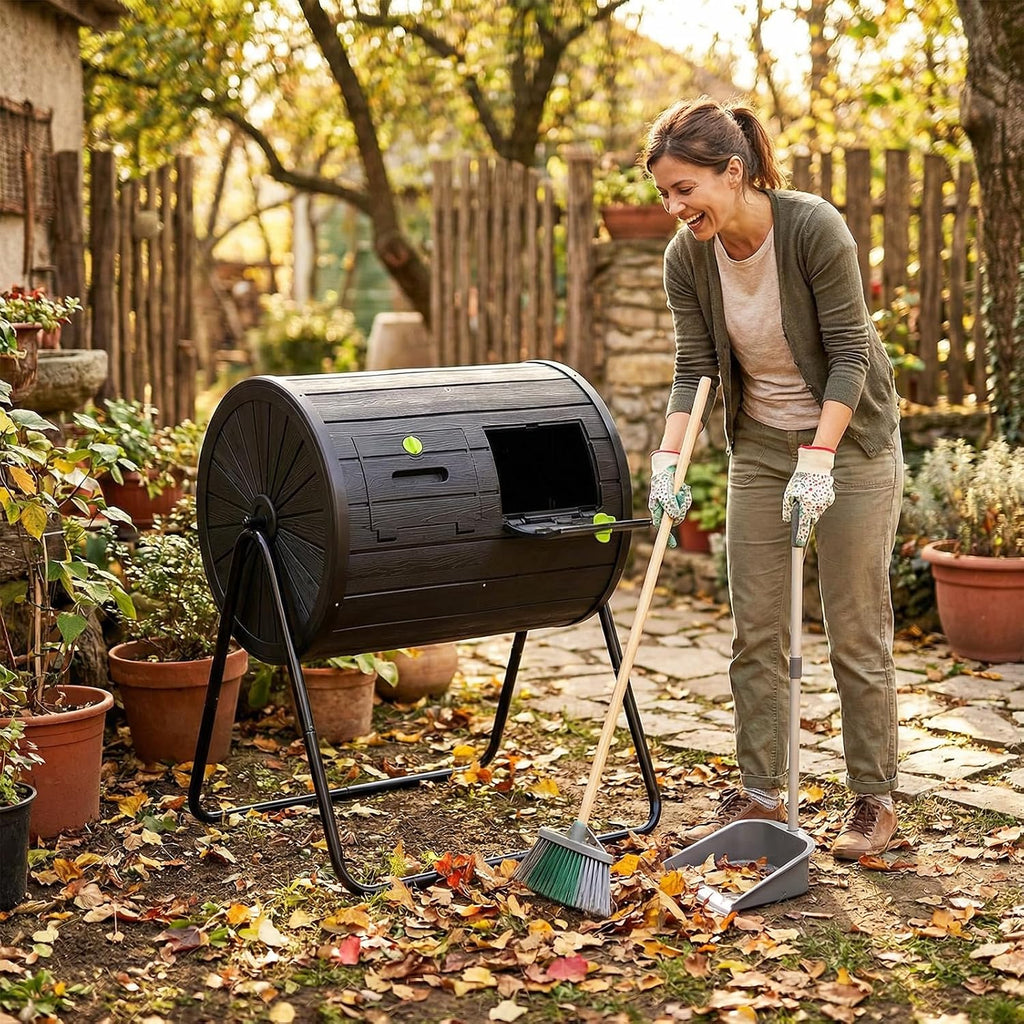 37.5 Gallon Outdoor Dual Chamber Compost Tumbler, Black