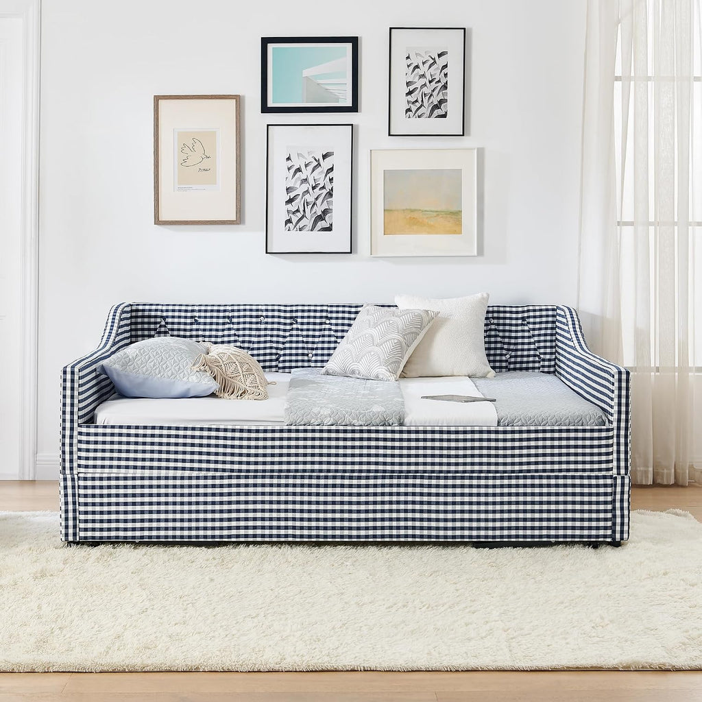 Gingham Daybed with Pull-Out Trundle and Side Pocket /Guest Room, Full Size Upholstered 3-in-1 Versatile Sofabed