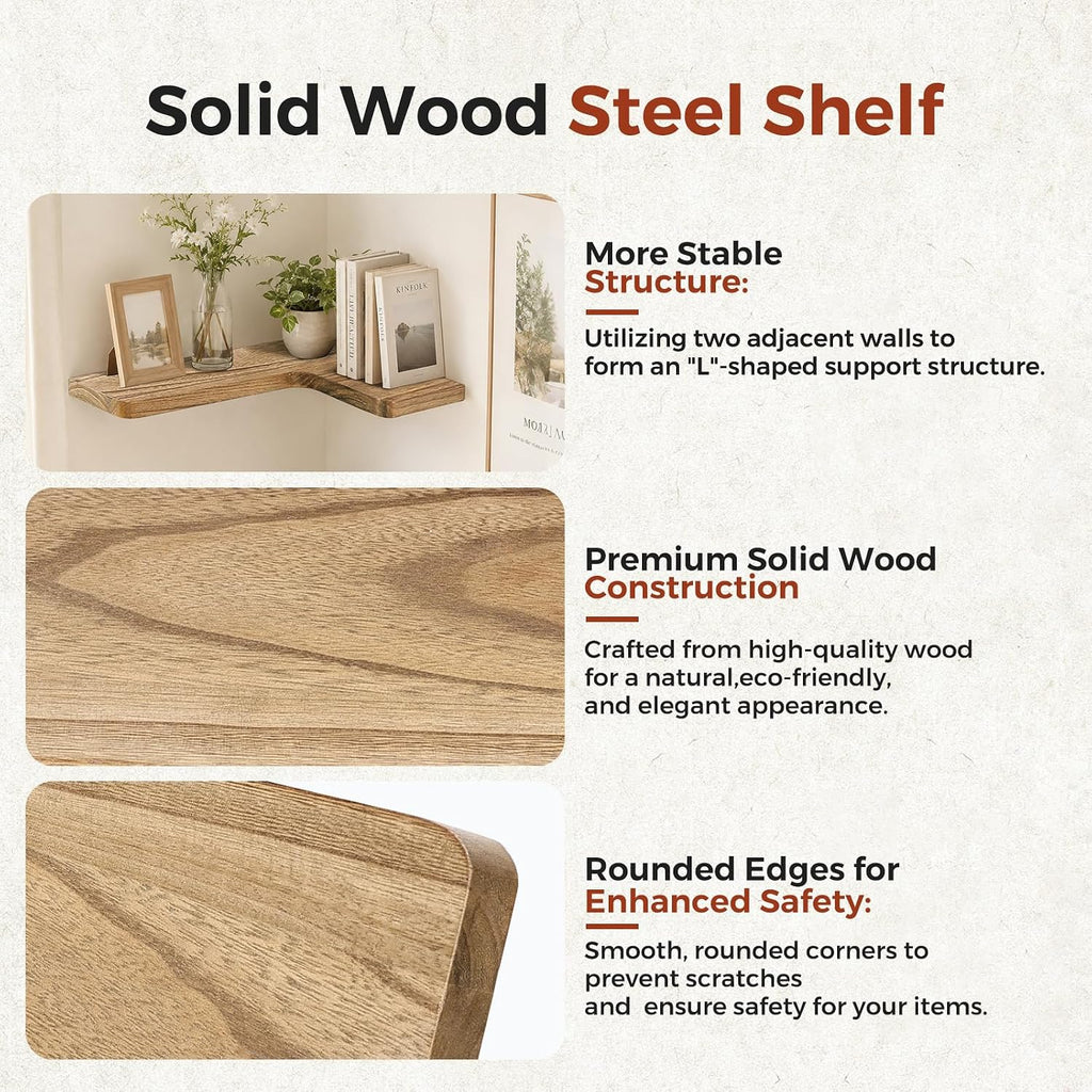 Solid Wood Corner Floating Shelves, L-Shaped, Oak, Set of 3 | Hidden Brackets, Space-Saving Wall Storage