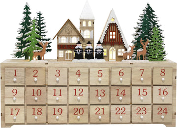 Wooden Advent Calendar with LED Lights, 24 Drawers Countdown to Christmas, Barn House Design, Holiday Decoration