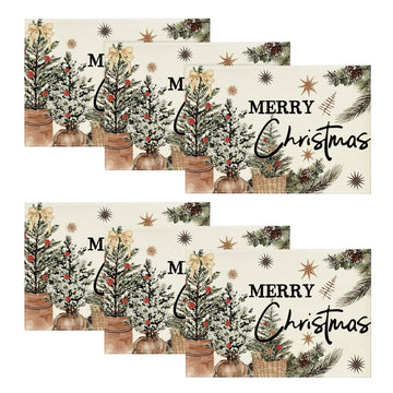 Xmas Trees Holly Pine Cone Merry Christmas Placemats Set of 6, 12x18 Inch Seasonal Winter Holiday Table Mats for