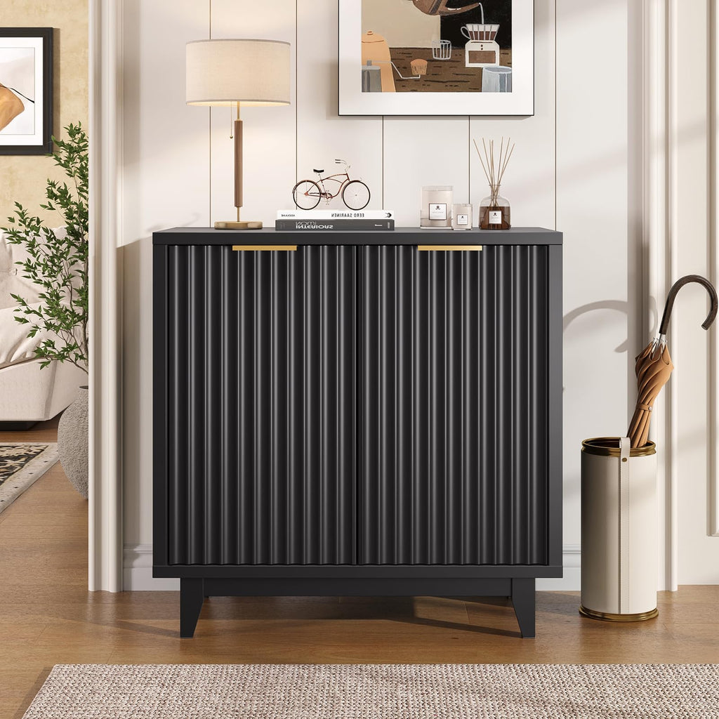 Modern Fluted Coffee Bar Cabinet with Removable Wine Rack, Black