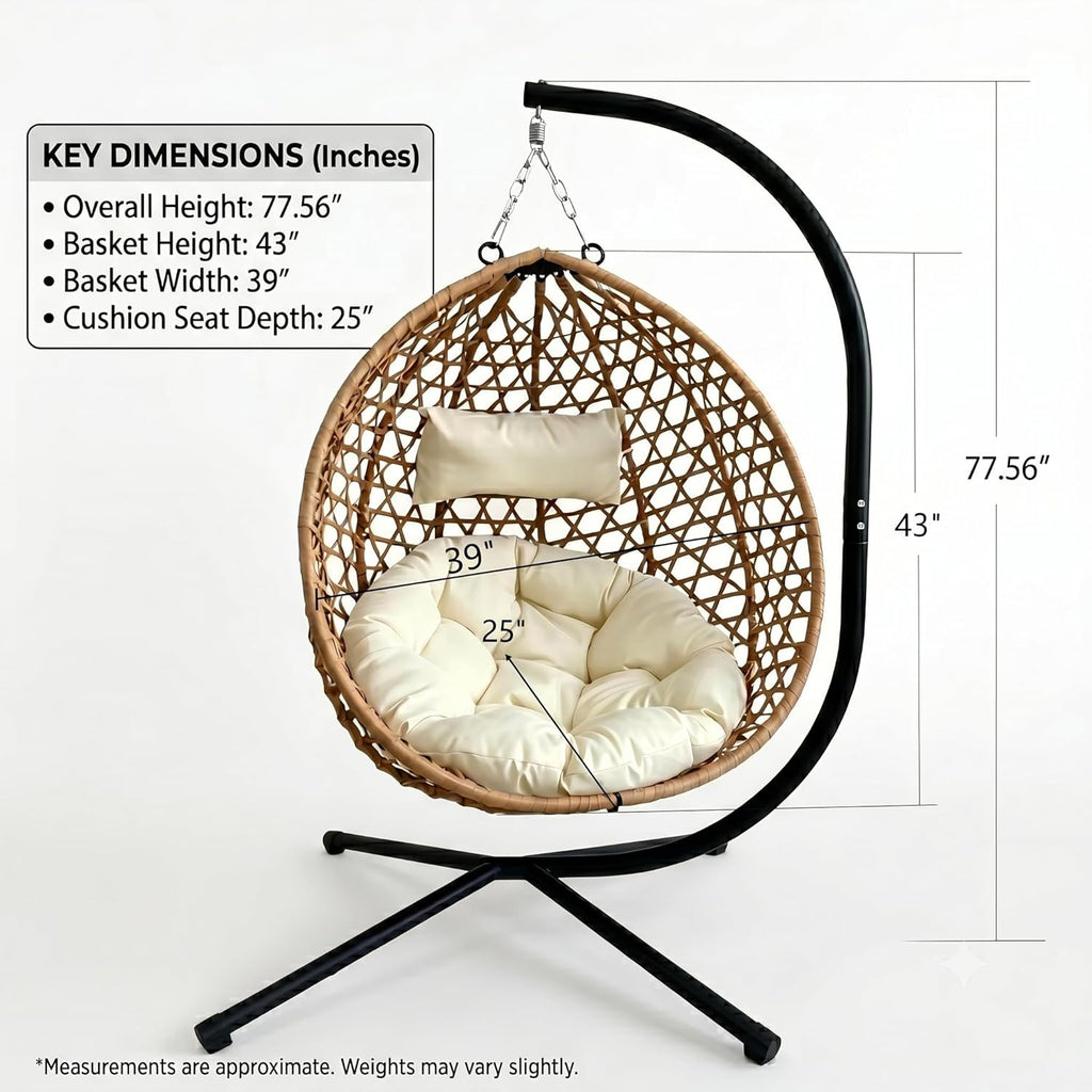 Hanging Egg Chair with Stand, Indoor Outdoor Foldable Hammock Chair with Cushion, HDPE Rattan Wicker Hanging Chair