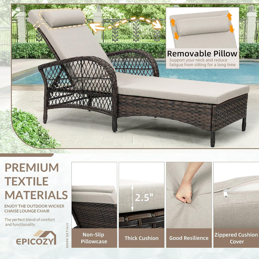 Outdoor Wicker Chaise Lounge Chair with Side Table, All-Weather Patio Lounger Chaise Sunbathing Reclining Chairs with