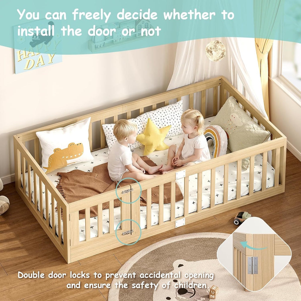 Twin Montessori Floor Bed with High Guardrails and 2 Door Latch, Solid Wood Toddler Bed Frame with 10 Slats and
