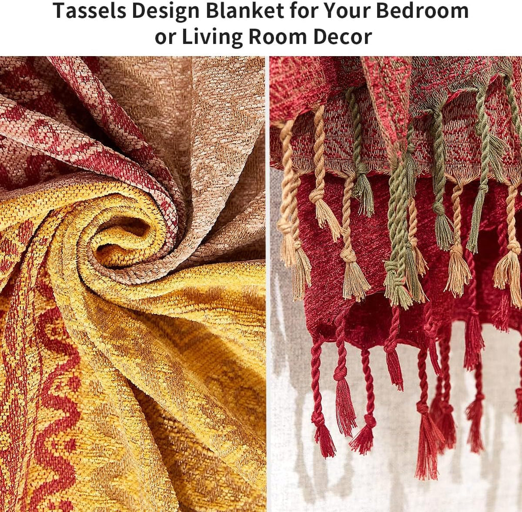 Bohemian Throw Blankets Chenille Jacquard Tassels Soft Chair Cover, 60x75 Inches)