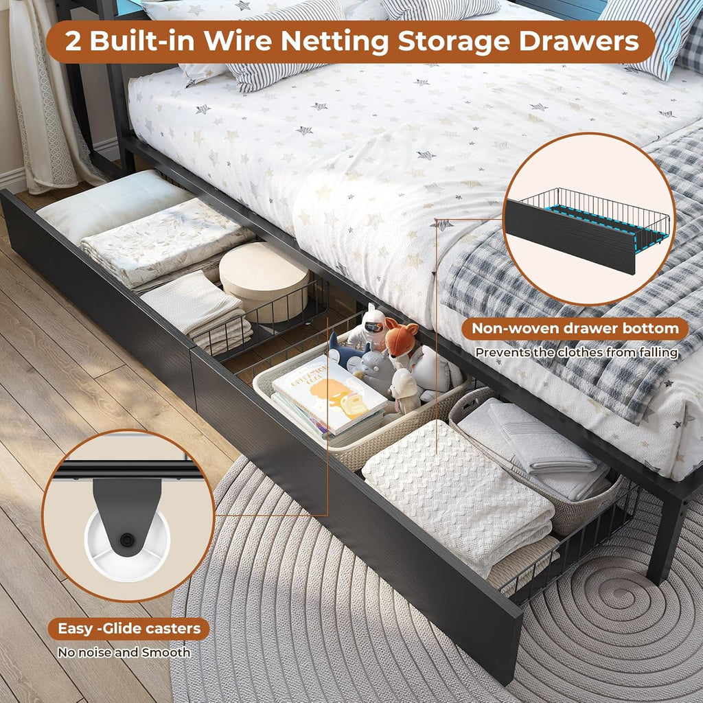 Twin Corner Bed Frame with Bookcase Storage and Led Lights Twin Size Metal Platform Bed Frames with Storage Drawers