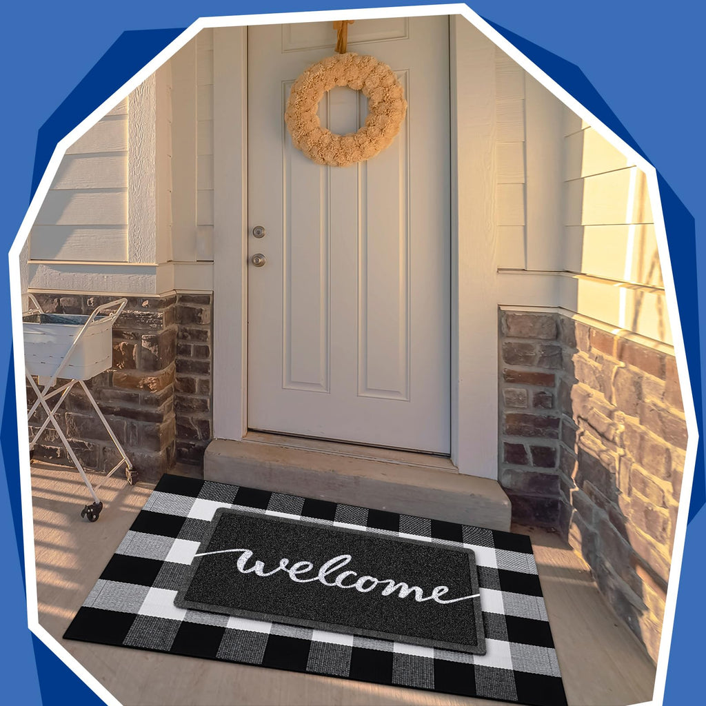 2 Pcs Layered Welcome Doormat, Black and White Buffalo Plaid Rug Set