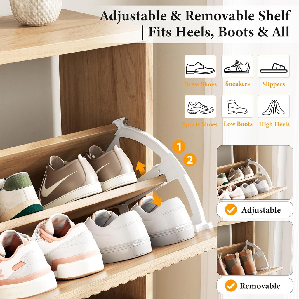 Shoe Storage Cabinet - Flip Shoe Cabinet with Tiered Fluted Design - Slim Shoe Storage Rack with Gold Legs - Narrow