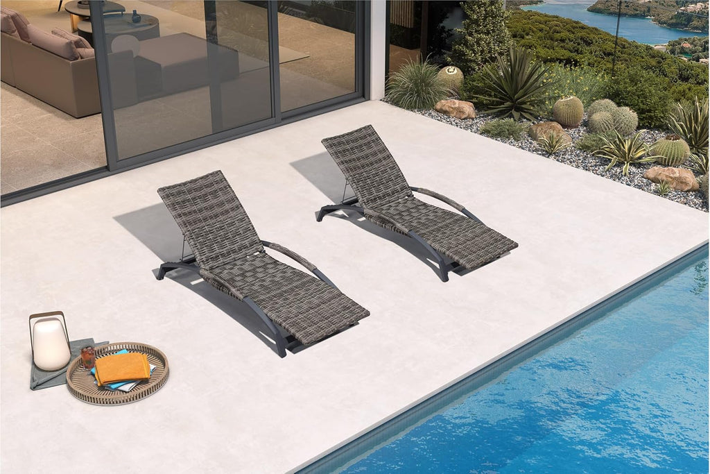 Pool Chaise Lounge Chair Set of 2 Wicker, Light Gray | Built to Last, Enjoy for Years, Anti-Scald Curved Armrests