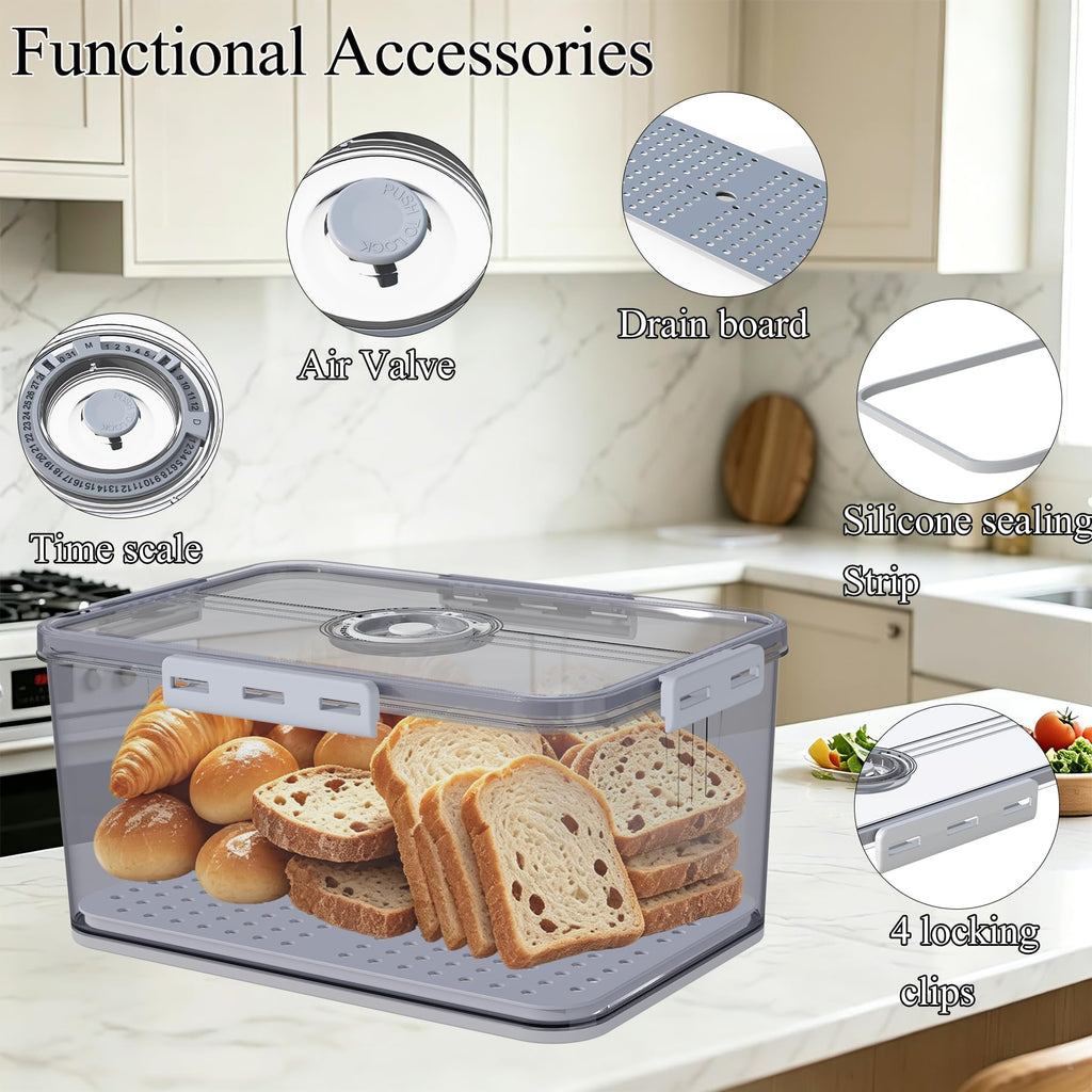 Large with Lid,Time Recording Airtight Bread Container Grey