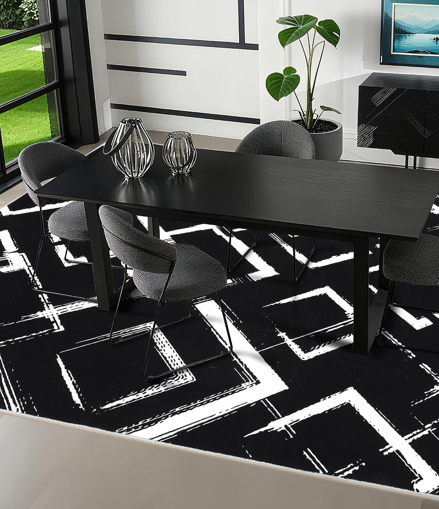 Black Modern Geometric Area Rug 8x10, Black and White Rug with Abstract Diamond Patterns,Non-Shedding Washable Rugs