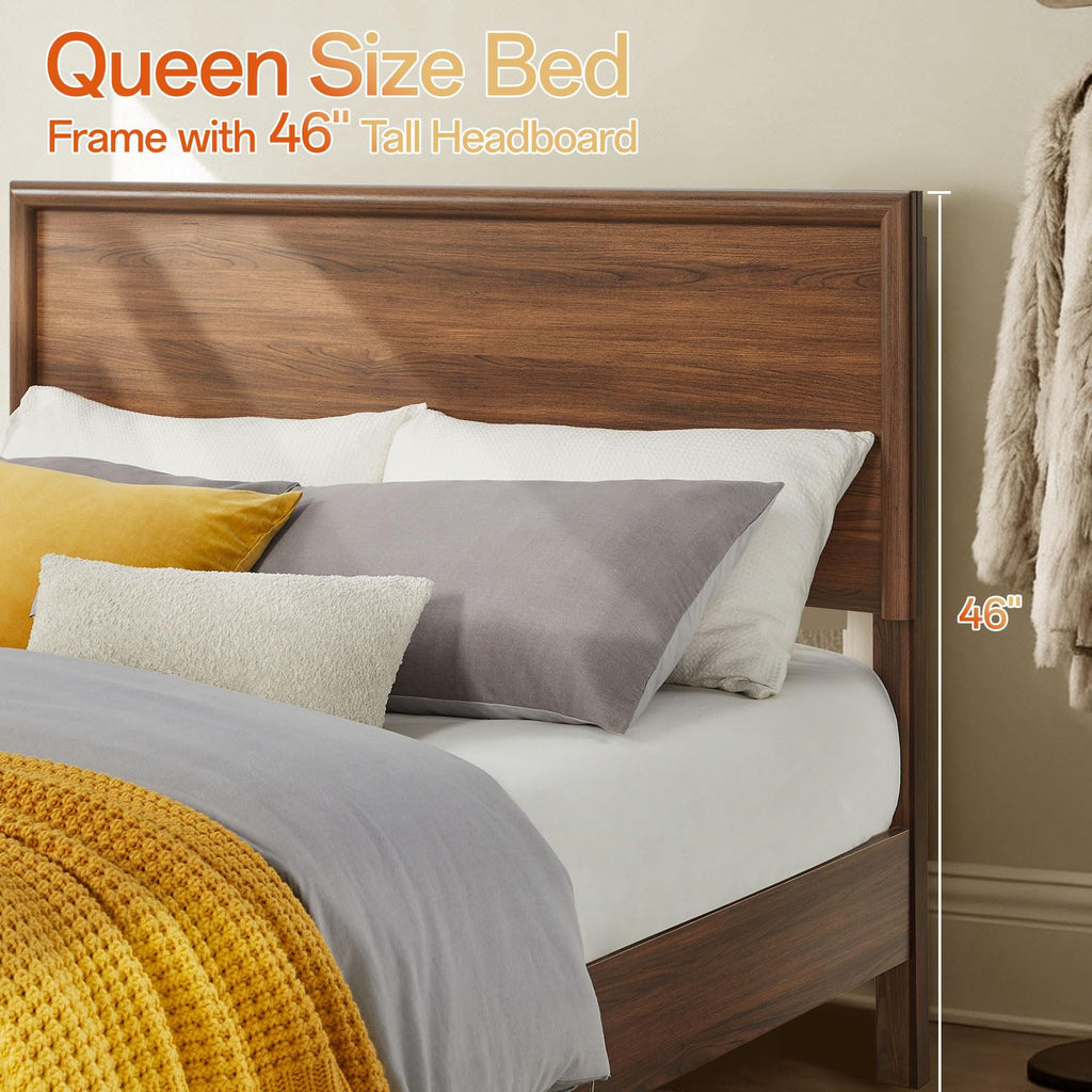 Queen Bed Frame with Headboard, Mid-Century Modern Queen-Size Bedframe with Wood Slat Support, Noise Free, No Box