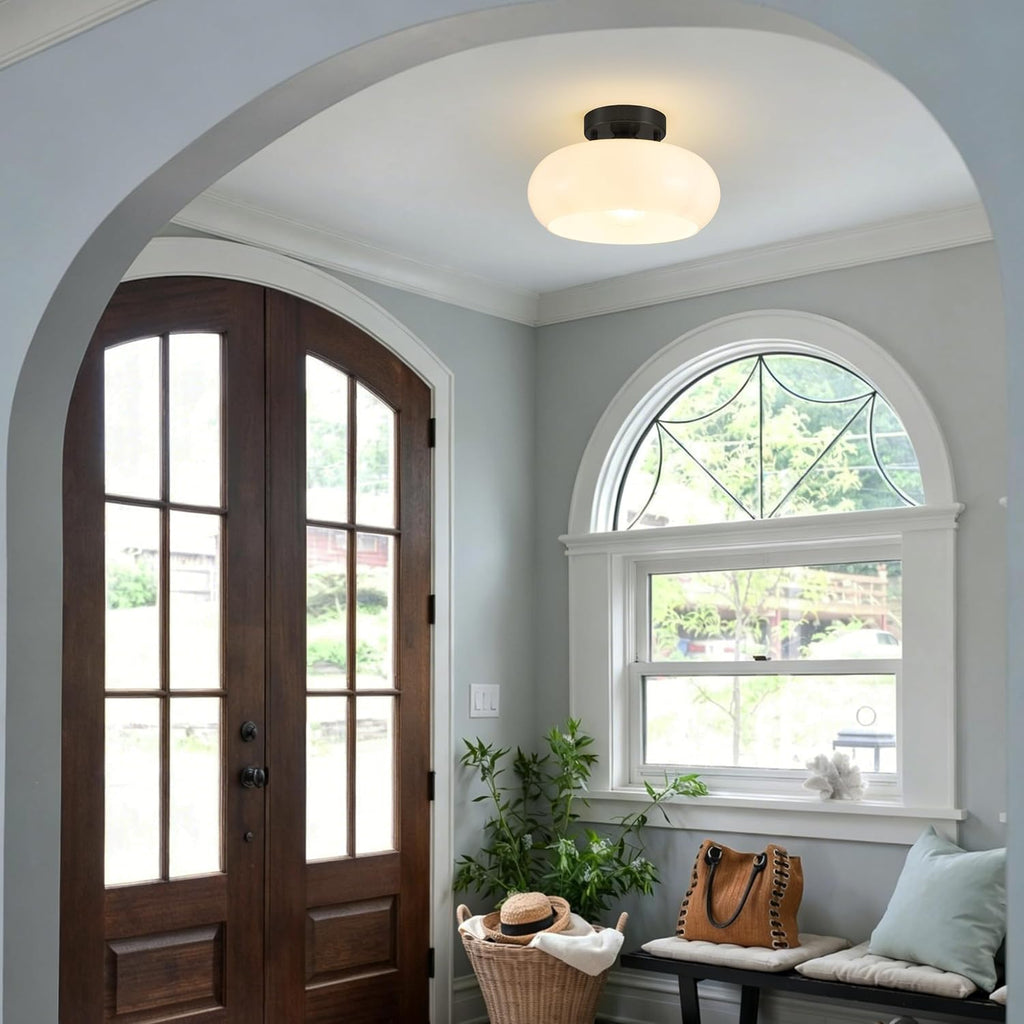 Black Semi Flush Mount Ceiling Light, Mid Century Modern Ceiling Light with Frosted Glass Shade, 11 Inch Close to