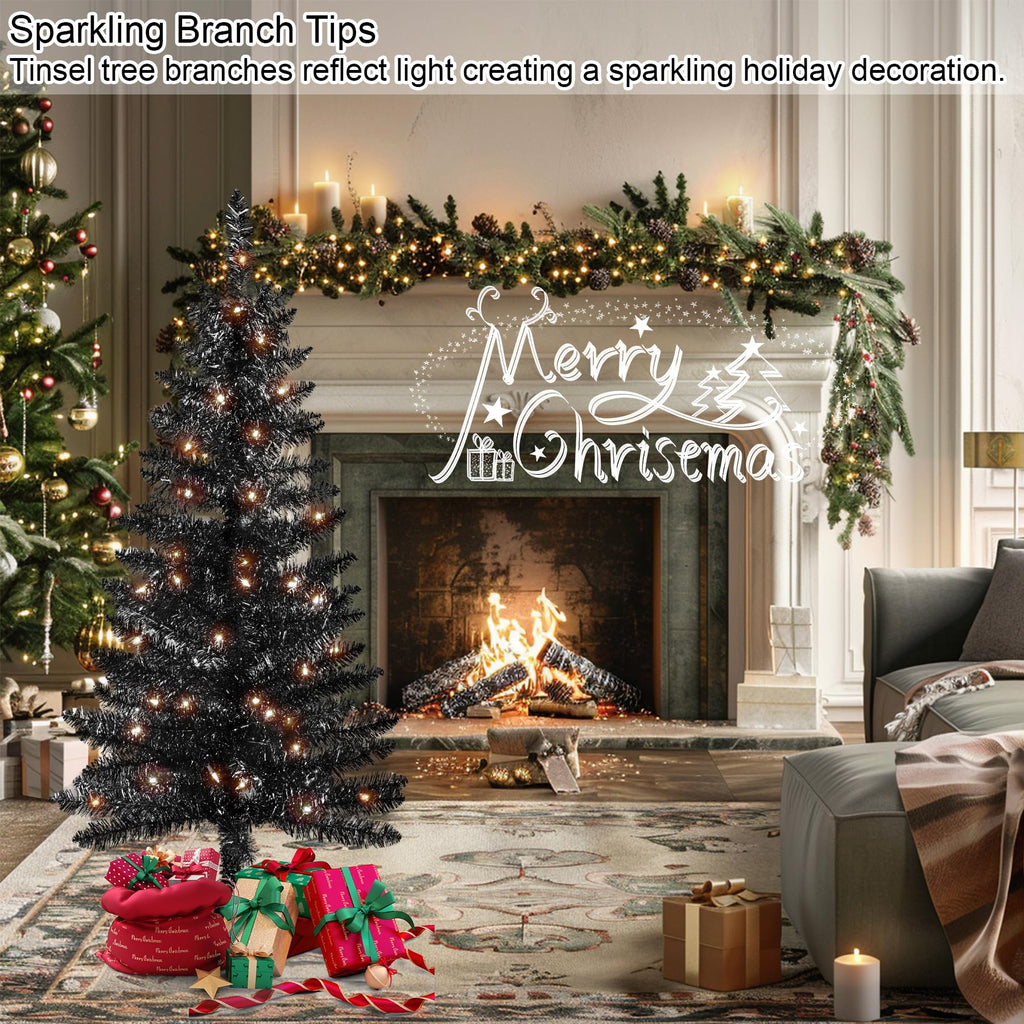 4ft Artificial Full Black Christmas Tree with Separate Lights, Not Pre-lit Mini Black Tinsel Pine Christmas Tree, 50