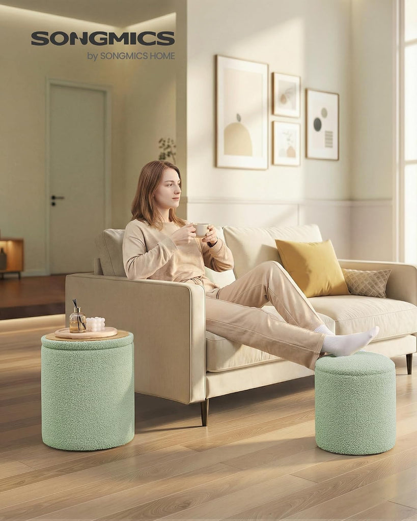 SONGMICS Vanity Stool, Set of 2, Round Storage Ottoman, Teddy Fleece