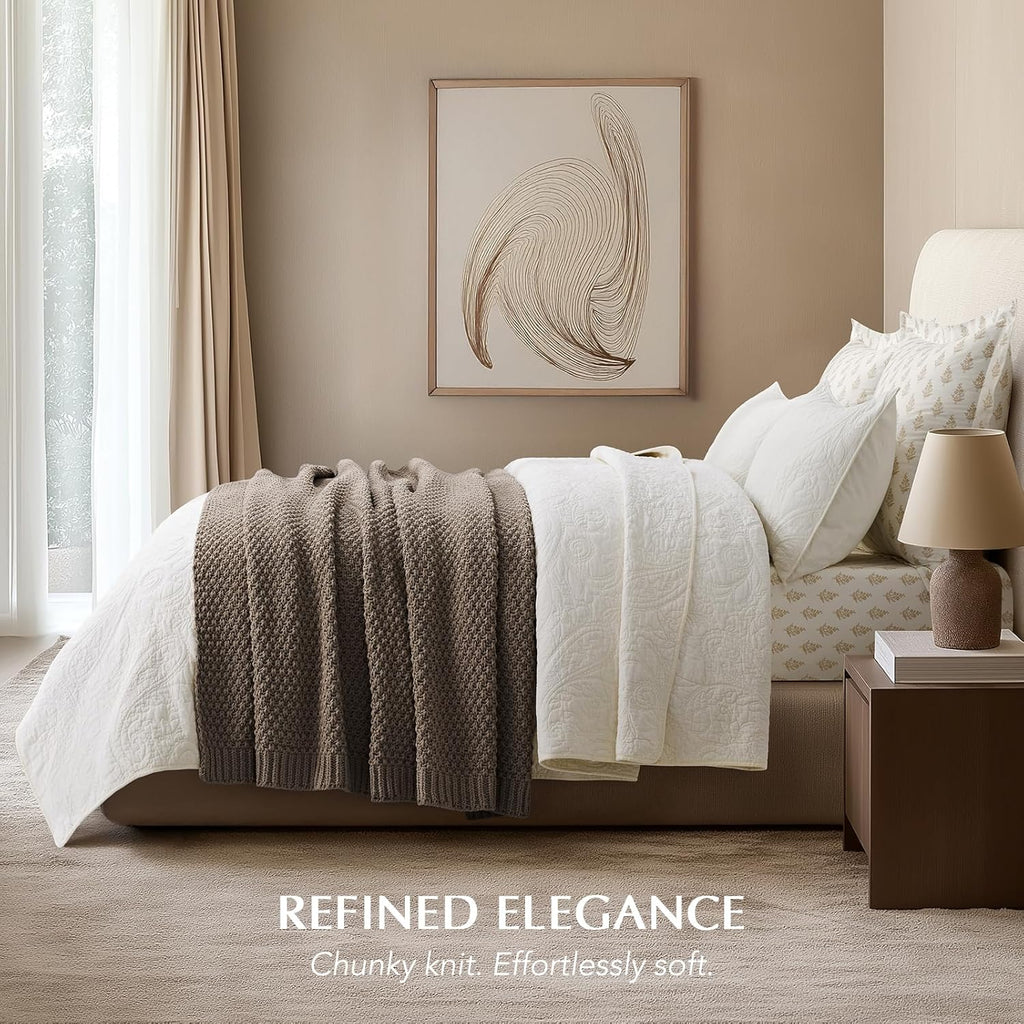 Chunky Chenille Knit Throw Blanket, Soft Luxurious Moss Stitch Blankets, Cozy Decorative Farmhouse Knitted Throws