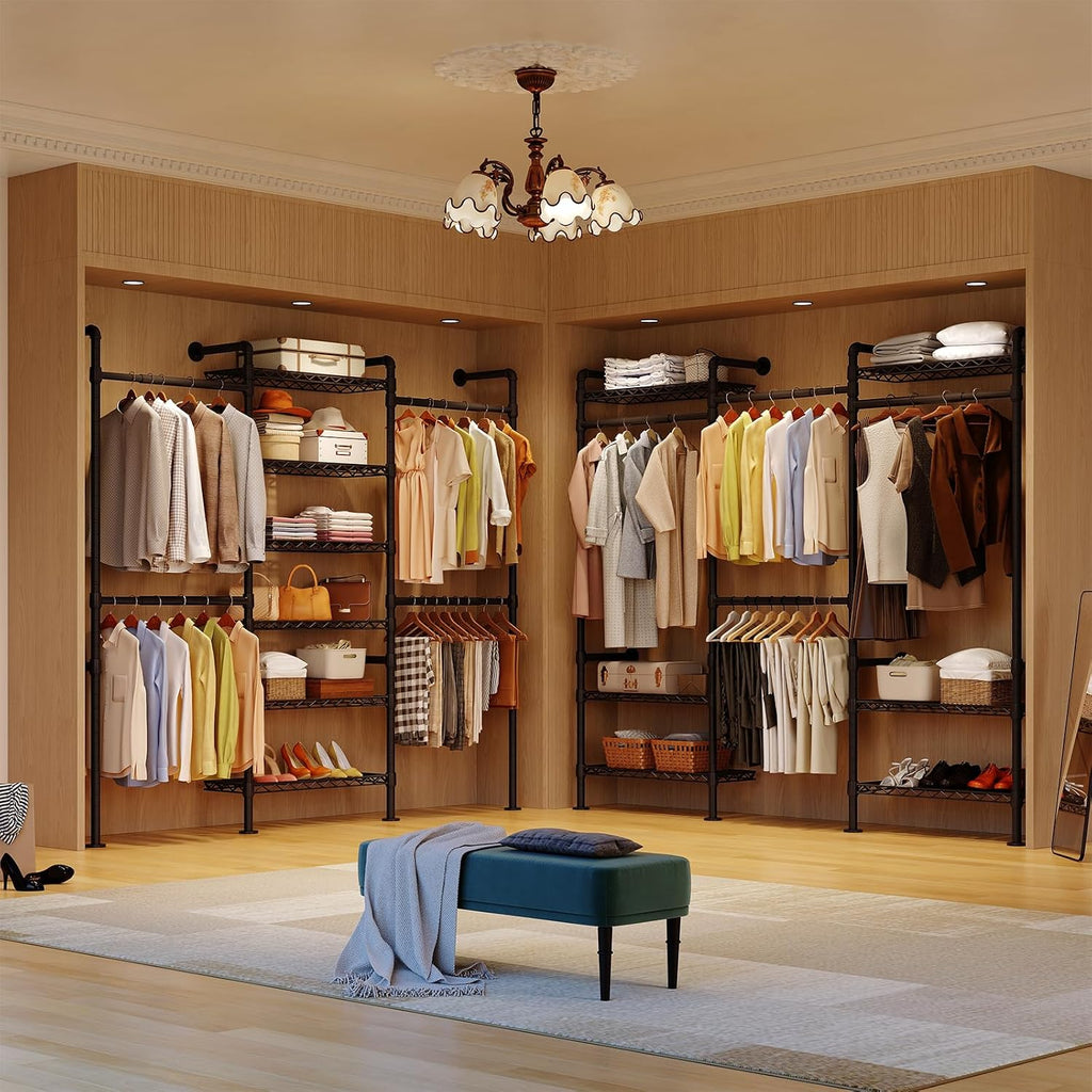 H3 Expandable Wall Mounted Closet System, 5.4FT-8.1FT Closet Organizer with 4 Telescopic Rods & 6 Wire Shelves