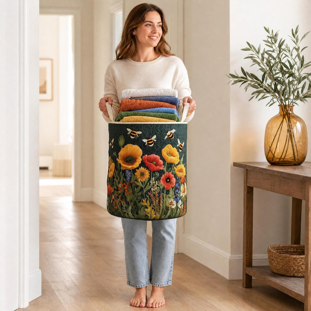 Quilted Laundry Basket with Handles, Boho Floral Quilted Storage Hamper, Large Capacity Laundry Hamper Bedroom