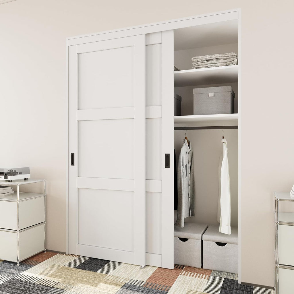 Closet Sliding Door, 60"×80"(Double Doors 31"), 3 Panel Sliding Door with Hardware Kit, Pre-Drilled 