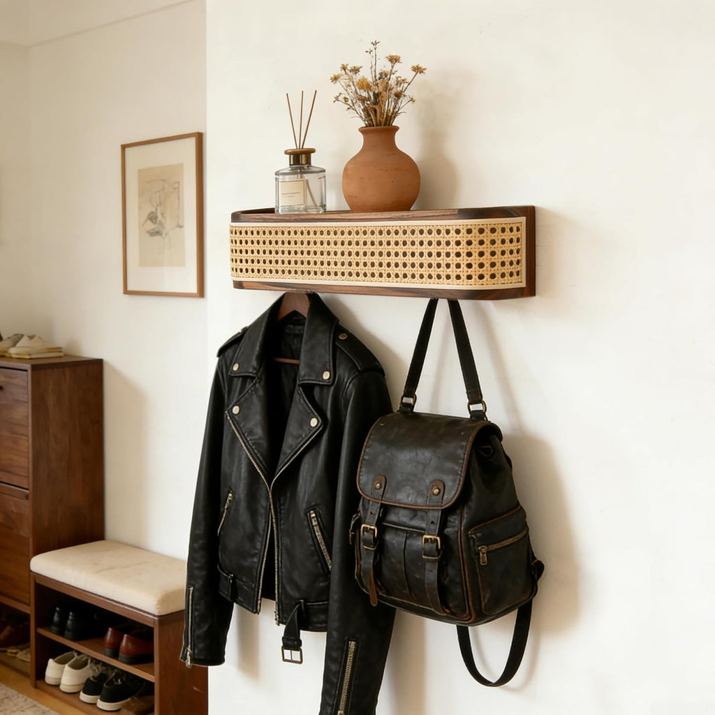 Solid North American Black Walnut Wall Coat Rack with Shelf | Modern wooden entryway wall mount coat rack with rattan