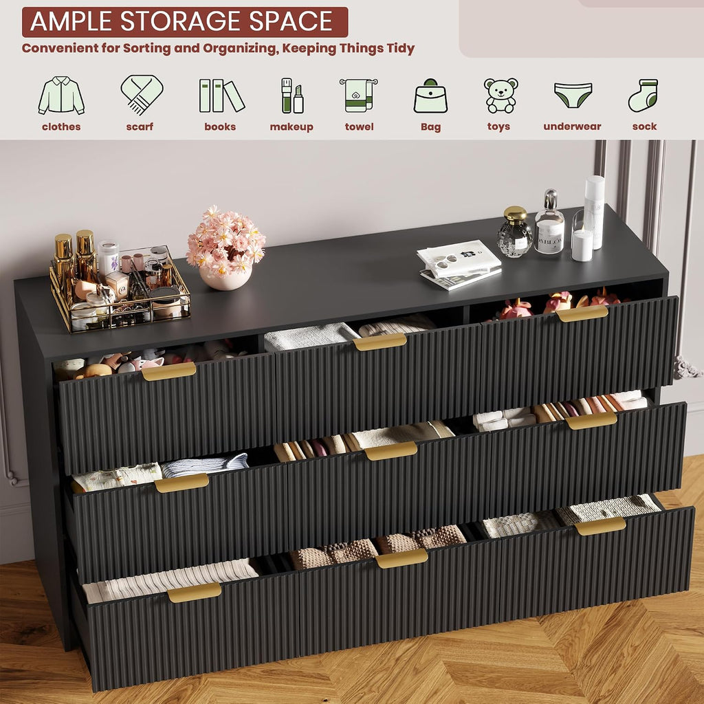 9 Drawers Dresser - Modern Fluted Chest of Drawers, Black | 59" Wide Drawers with Golden Metal Handles, Large TV
