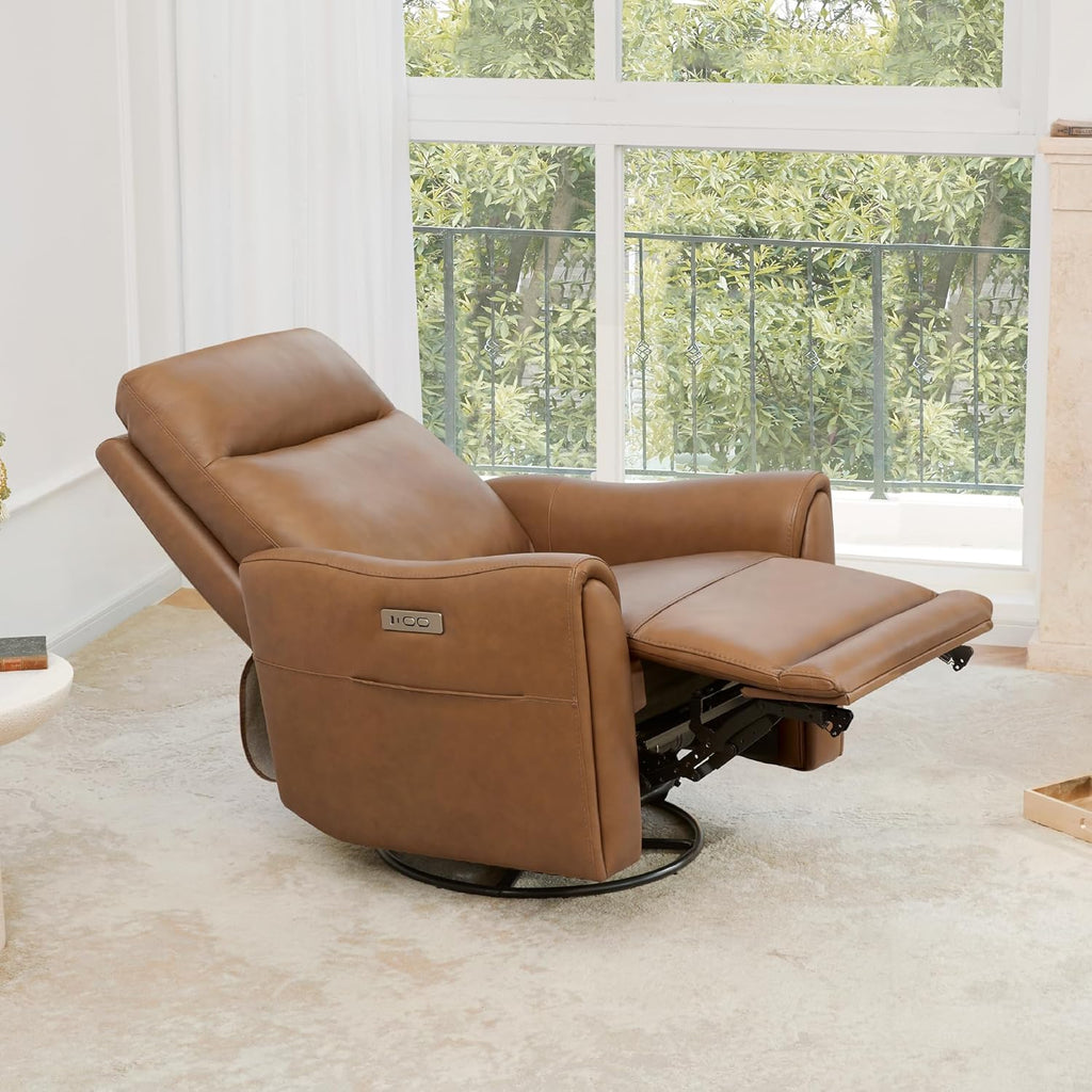 Genuine Leather Power Recliner Chairs for Adults, Swivel Glider Recliner Chair with Charging Ports, Saddle