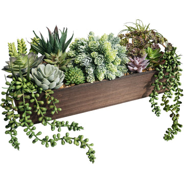 Artificial Succulent Arrangement 15" Assorted Succulents Plants in Brown Rectangular Wooden Box Faux Potted