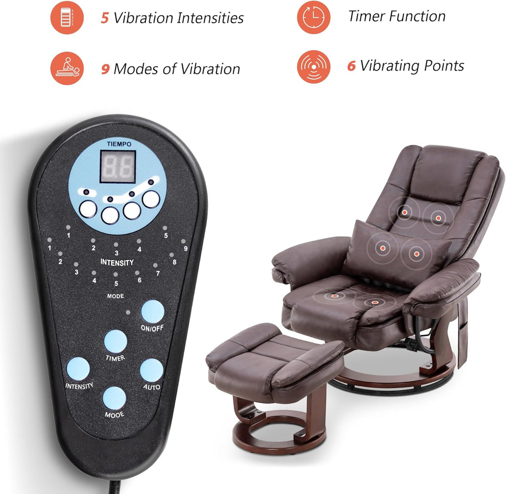 Modern Reclining Swivel Lounge Chair and Ottoman — Brown Faux Leather