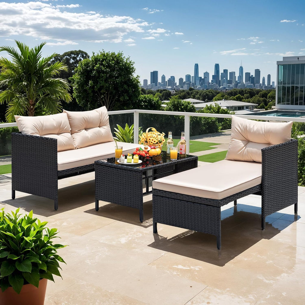 Outdoor Patio Furniture 3-Piece Rattan Waterproof Outdoor Sectional Sofa All-Weather L Shaped Patio Couch with Cushion