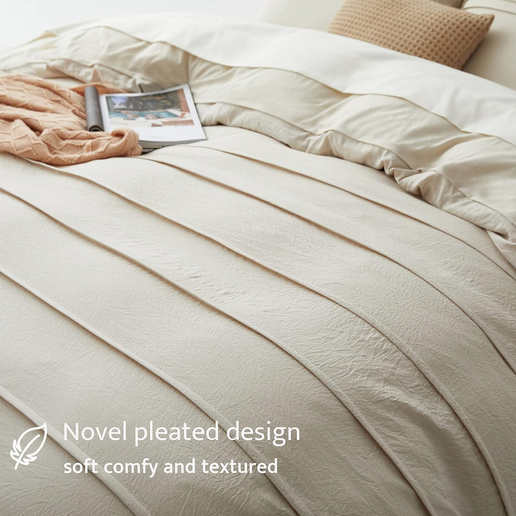 Beige Duvet Cover - Pleated Duvet Cover, 3PCS Soft and Breathable Textured Bedding Set with Zipper