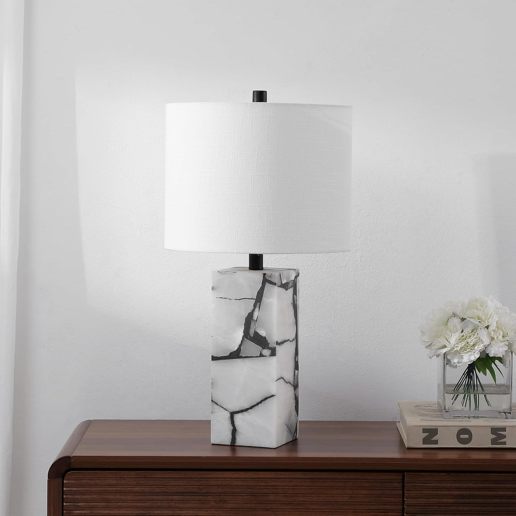 24.25" Black/White Modern Alabaster LED Table Lamp Decor, White Linen Shade