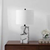 24.25" Black/White Modern Alabaster LED Table Lamp Decor, White Linen Shade