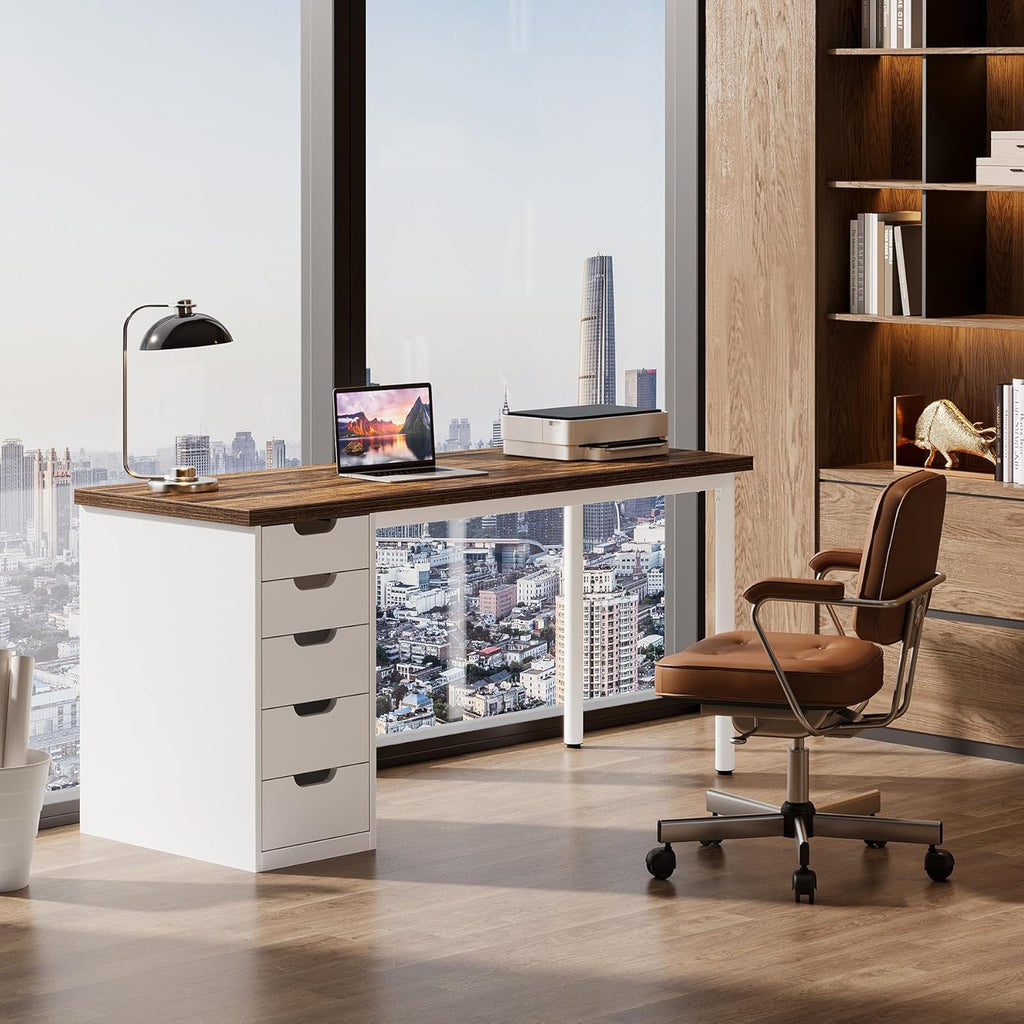 Modern Simple Computer Desk, 47 Inches PC Desk with 5 Reversible Drawers