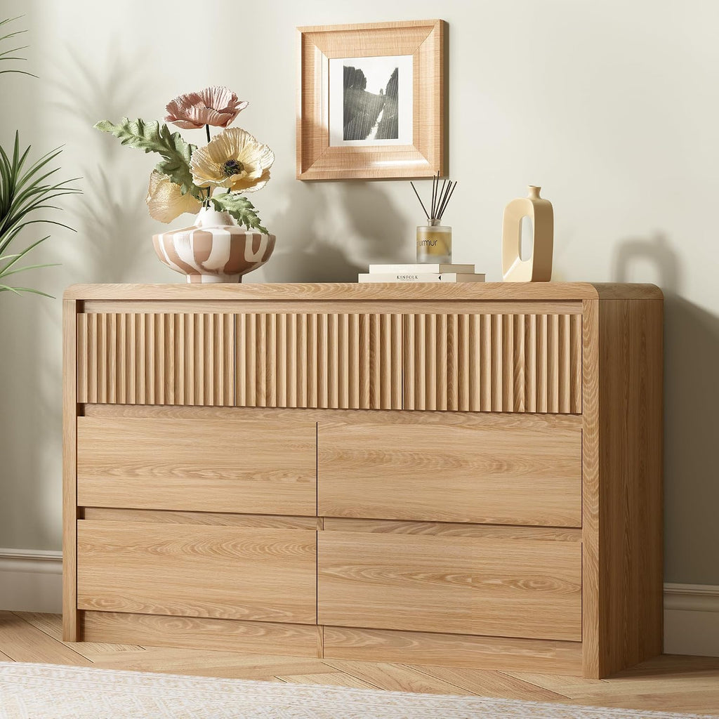 7 Drawer Dresser , 50" Wide Fluted Dresser with Curved Corners, Wood Dressers & Chests of Drawers with Dual-Panel