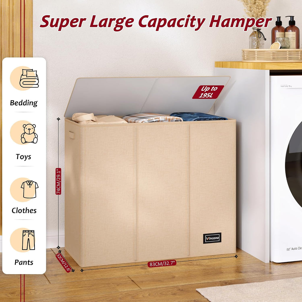 195L Laundry Hamper 3 Section,Large Laundry Hamper with Lid,Dirty Clothes Hamper with 3 Inner Bags,Collapsible