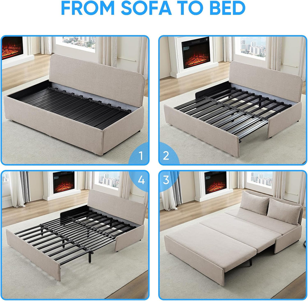 64" Queen Pull Out Sofa Bed, Linen Convertible Couch Bed with Tri-Fold Hidden Mattress, No-Tool Assembly, Space