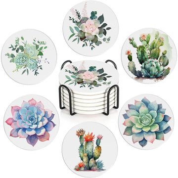 Table Coaster for Drinks Set of 6, Cactus Succulent Flower Round Ceramic Coasters, with Cork Base and Metal