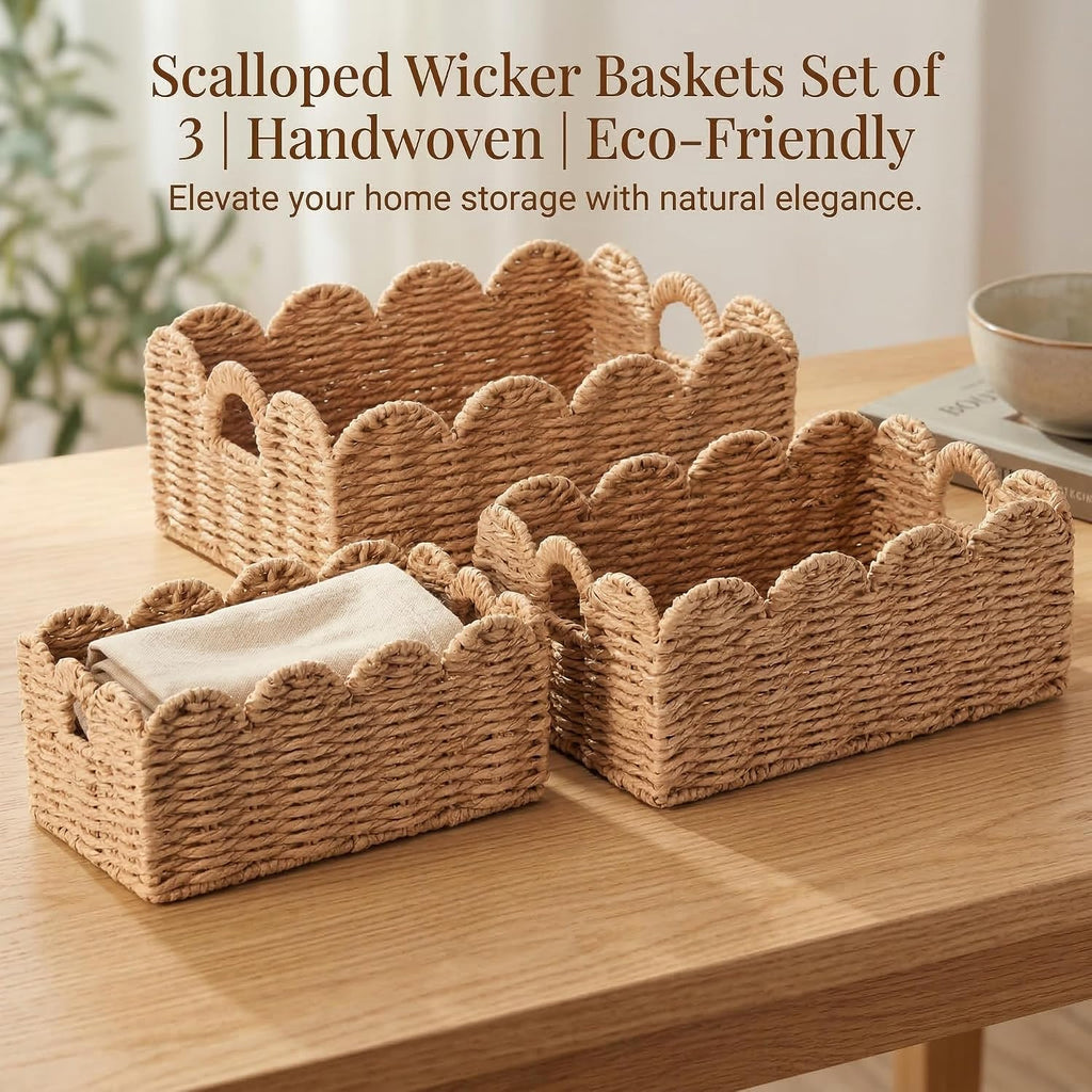 Scalloped Wicker Baskets Set of 3, Hand-Woven Storage with Handles | A set of 3 tan scalloped baskets with handles.