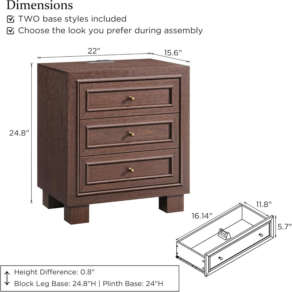 3 Drawer Night Stand with Two Base Styles Included, Mid Century Modern Nightstand with Charging Station, Wooden End