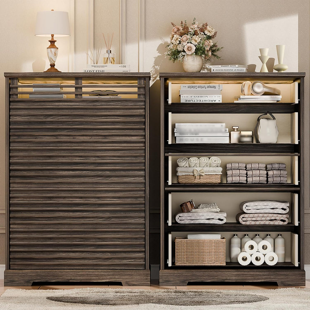 Fluted 5 Drawer Dresser, 46'' Tall Vertical Dresser with Led Light, Farmhouse Brown Wood Chest of Drawers with Grille