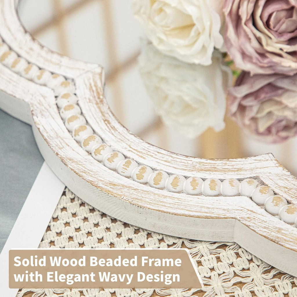 24 Inch Round Wall Mirror, Whitewashed Wooden Frame with Scalloped Edge & Beaded Trim, Decorative Farmhouse Boho Mirror