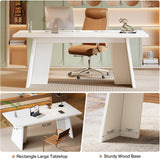White Executive Desk, 63" Large Office Computer Conference Meeting Table with Wooden Robust Pedestal