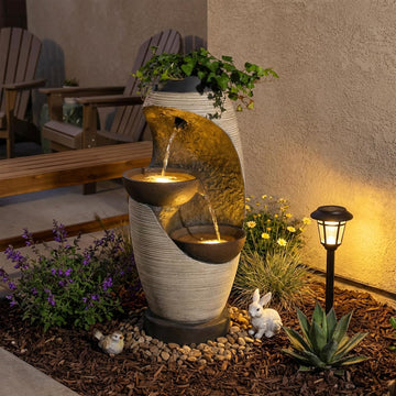 2-Tier Bowl Water Fountain with LED Lights, 27.95" Tall Freestanding Outdoor & Indoor Garden Waterfall Fountain