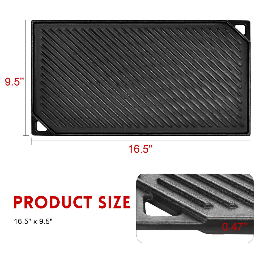 Reversible Cast Iron Griddle, 16.5" x 9.5" Rectangular Griddle Pan
