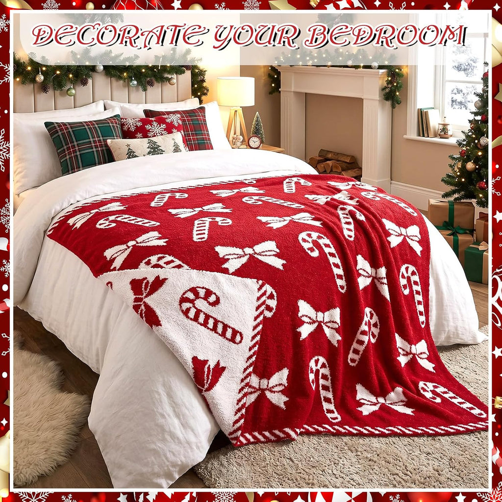 Red Candy Cane Bow Christmas Blanket Knitted Reversible Flannel
