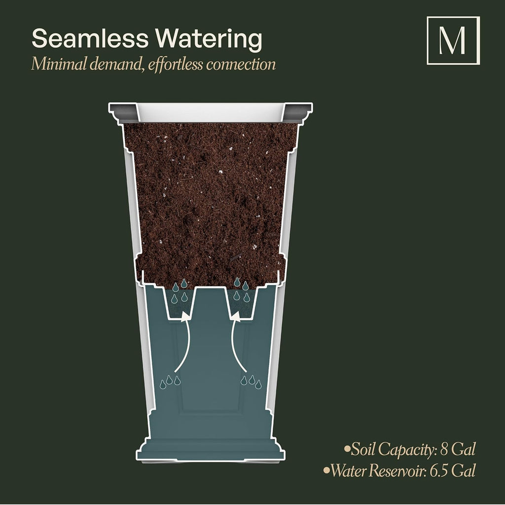 Fairfield 34in Self-Watering Tall Square Planter, Black | Self-watering, All season, Fade resistant, Reversible